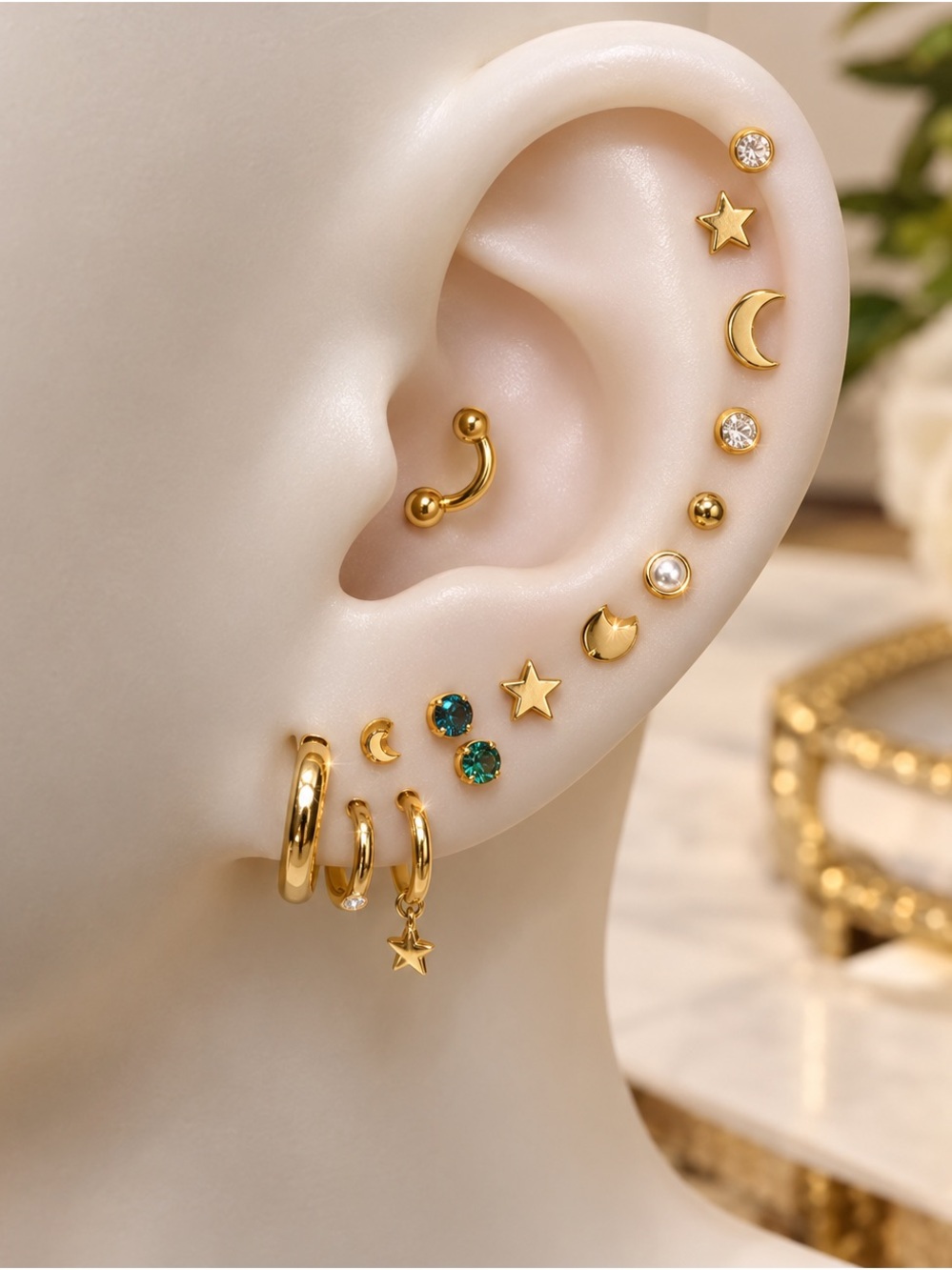 SHEIN Gold Tone Moon Star & Green Crystal Multi Earring Set